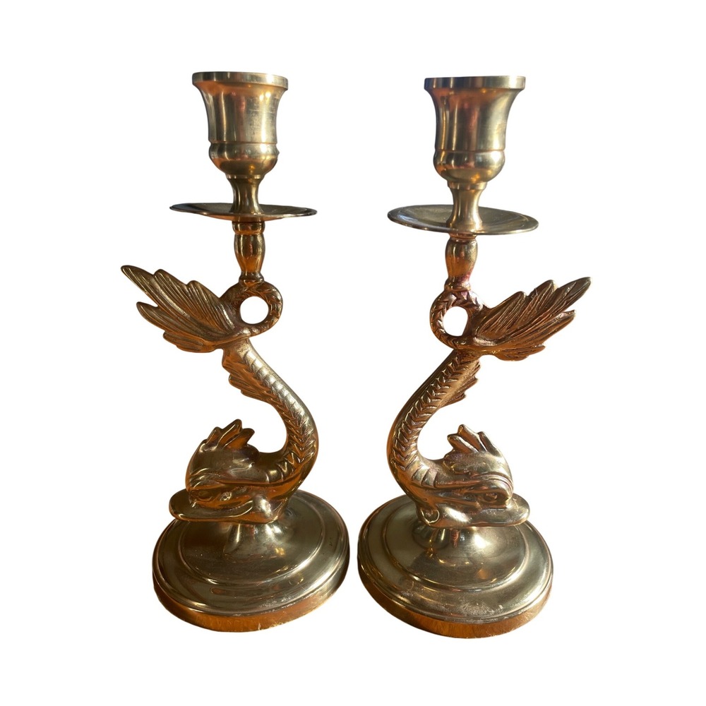 Vintage Brass Dolphin Sea Serpent Candlestick Holders Set 8" Nautical Regency